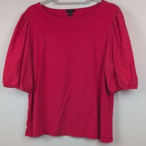 Ann Taylor Red Cotton Top with Eyelet Balloon Sleeves Size XL